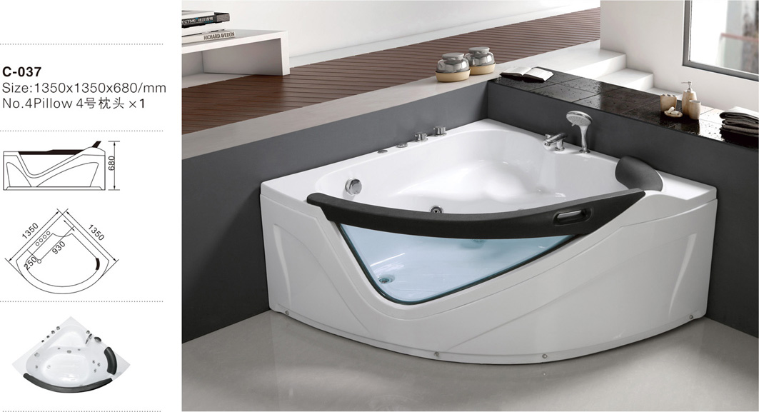 C037 2017 Novi dizajn Bijela crno staklo Sjedište kutije Jeftina cijena Whirlpool ABS kupaonica Bathtub.jpg